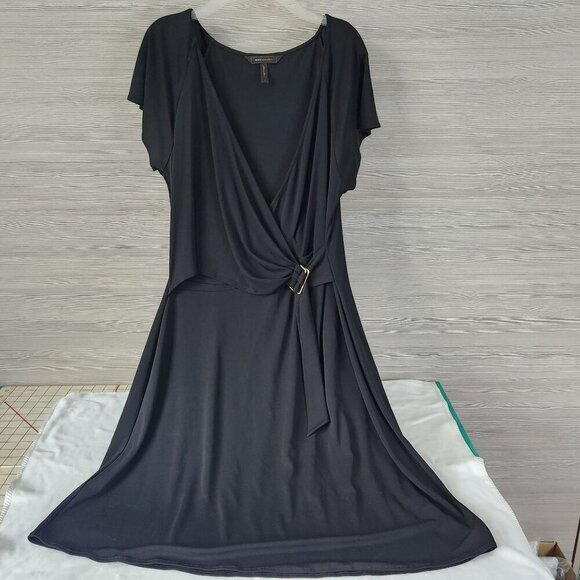 BCBG MAX AZRIA Black Faux Wrap Dress Belted Waist V-Neck Plunge & Short Sleeves - Picture 16 of 16